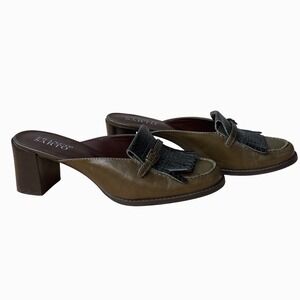 Vintage Franco‎ Sarto Women's Loafers Green Leather Kiltie Heeled Mules Size 8M